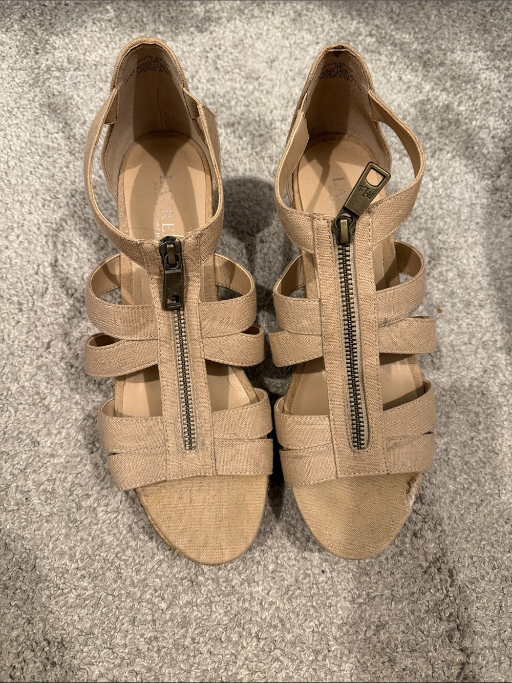 Lauren Ralph Lauren Tan Strappy Front-Zip Wedge Sandals